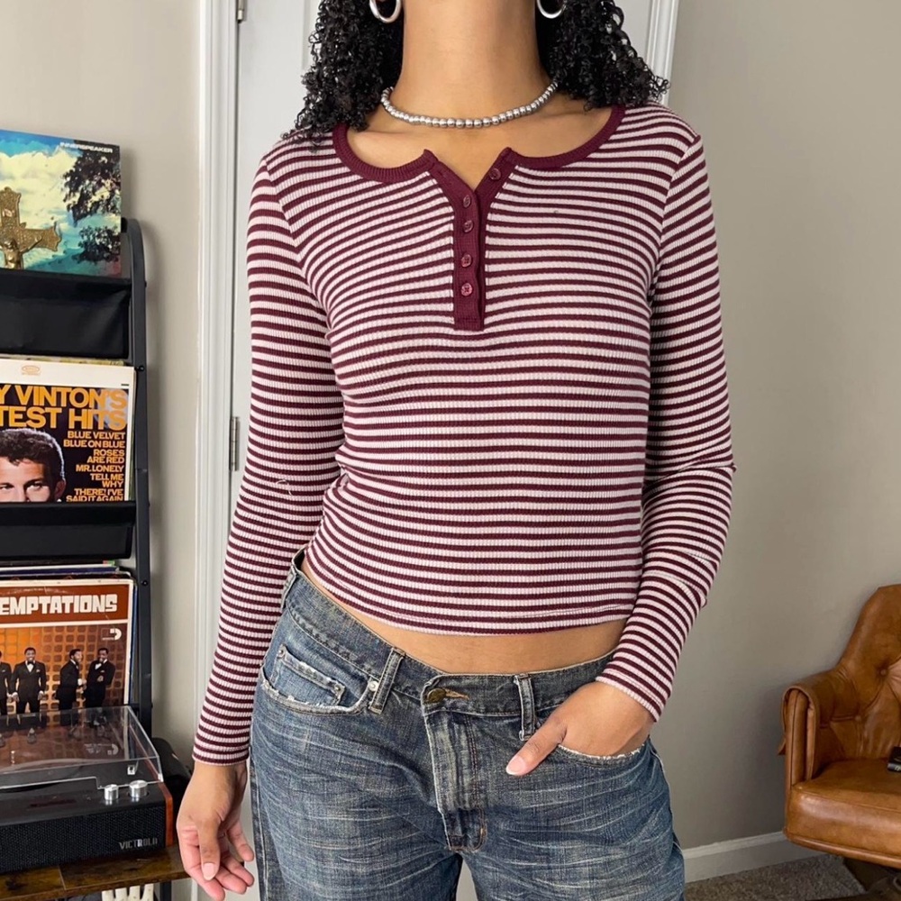Pink Republic XL Henley Long Sleeve Top Womens Stripe Ribbed Indie Grunge NEW